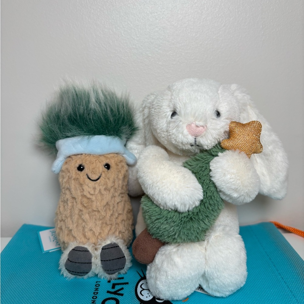 Jellycat Retired Bunny with Christmas Tree & Apres Ski Peanut W./Dust Bag